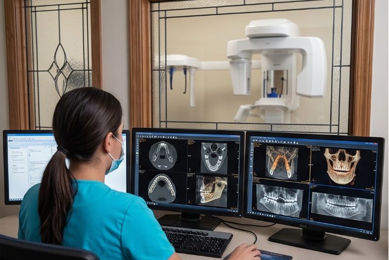 A team member reviewing 3D scans beside the CT scanner (sample image)