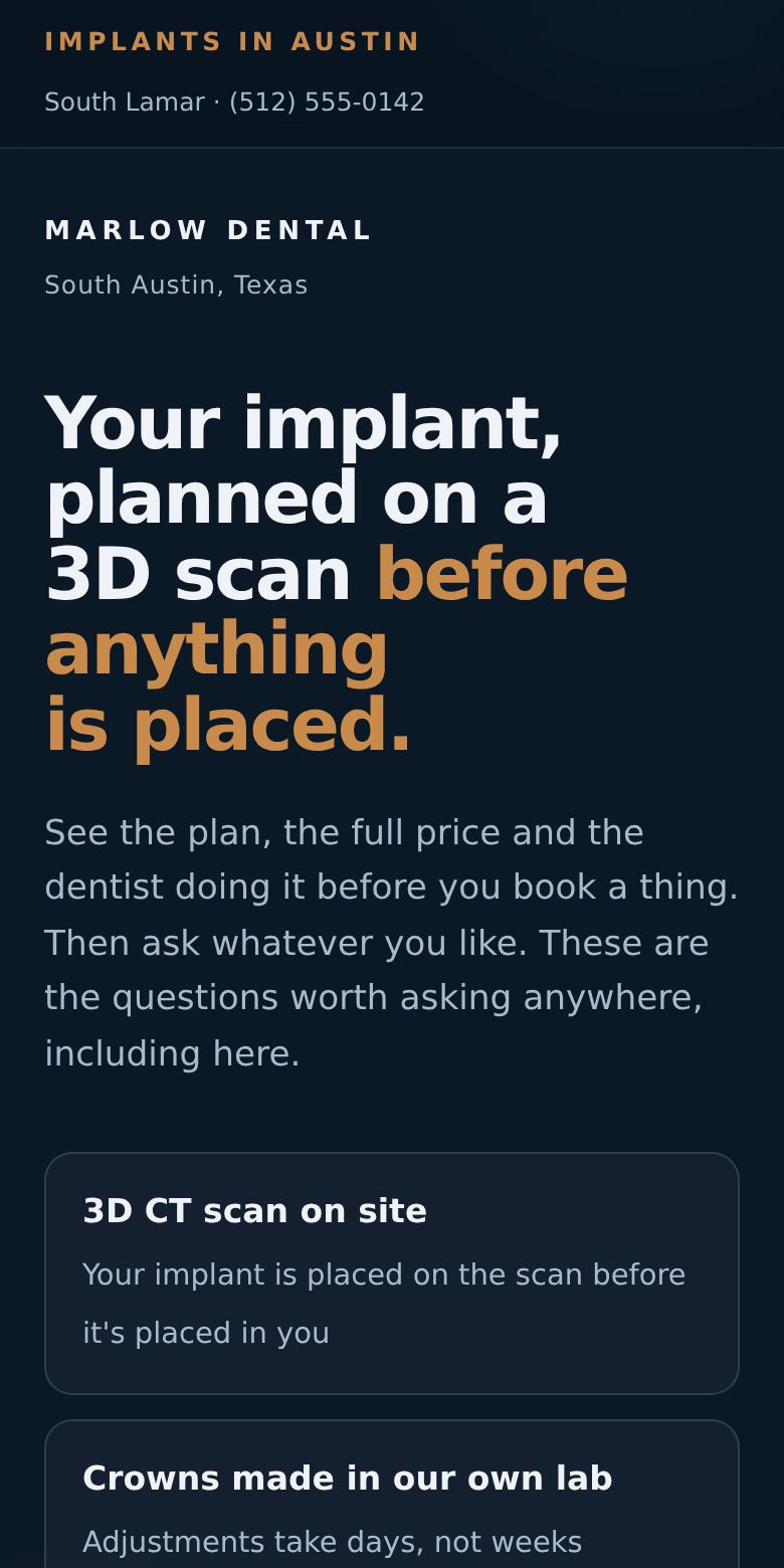 The dental implant page on a phone