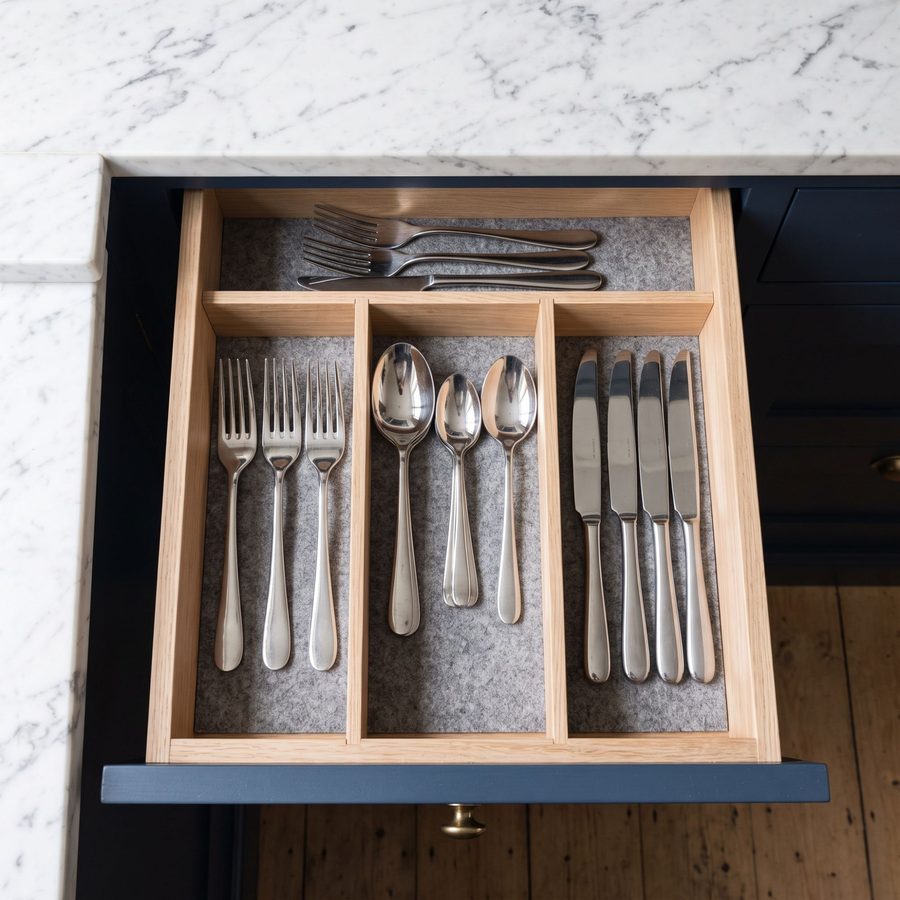 An oak cutlery insert in a navy drawer (sample image)