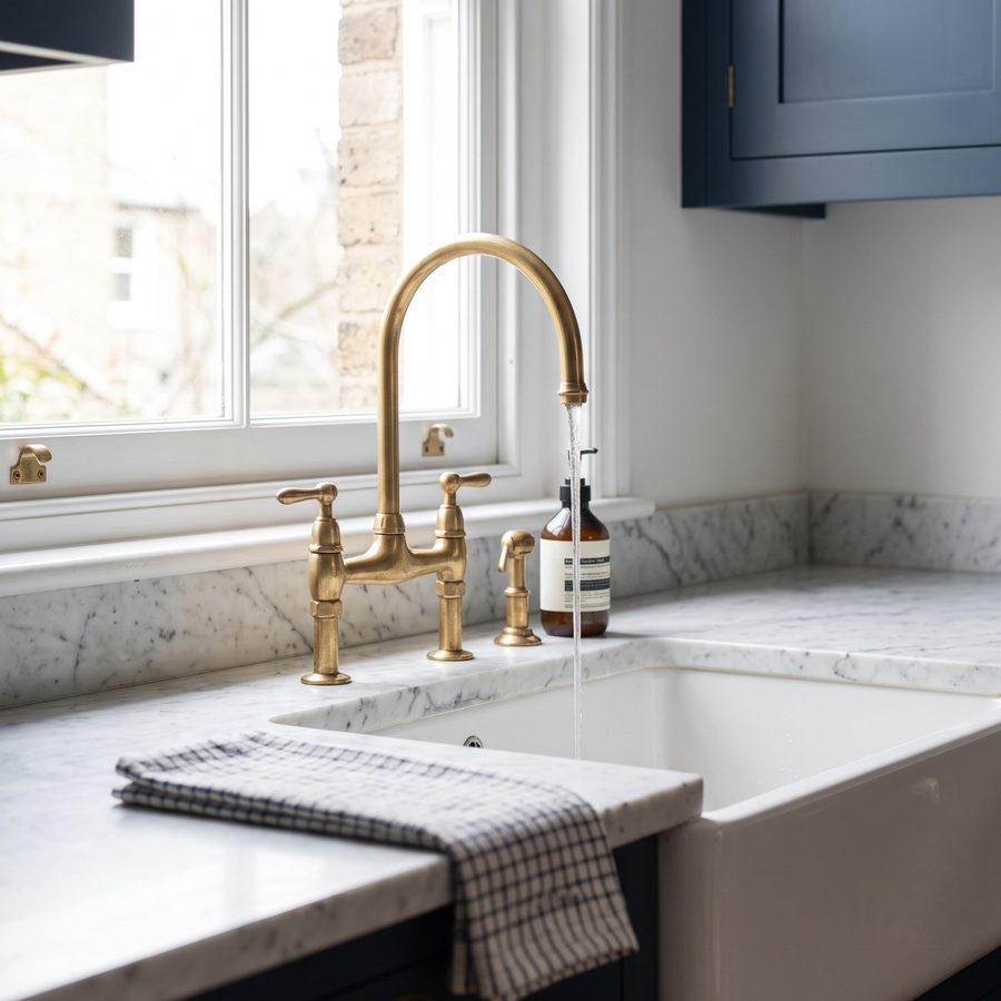 Brass faucet over a farmhouse sink (sample image)