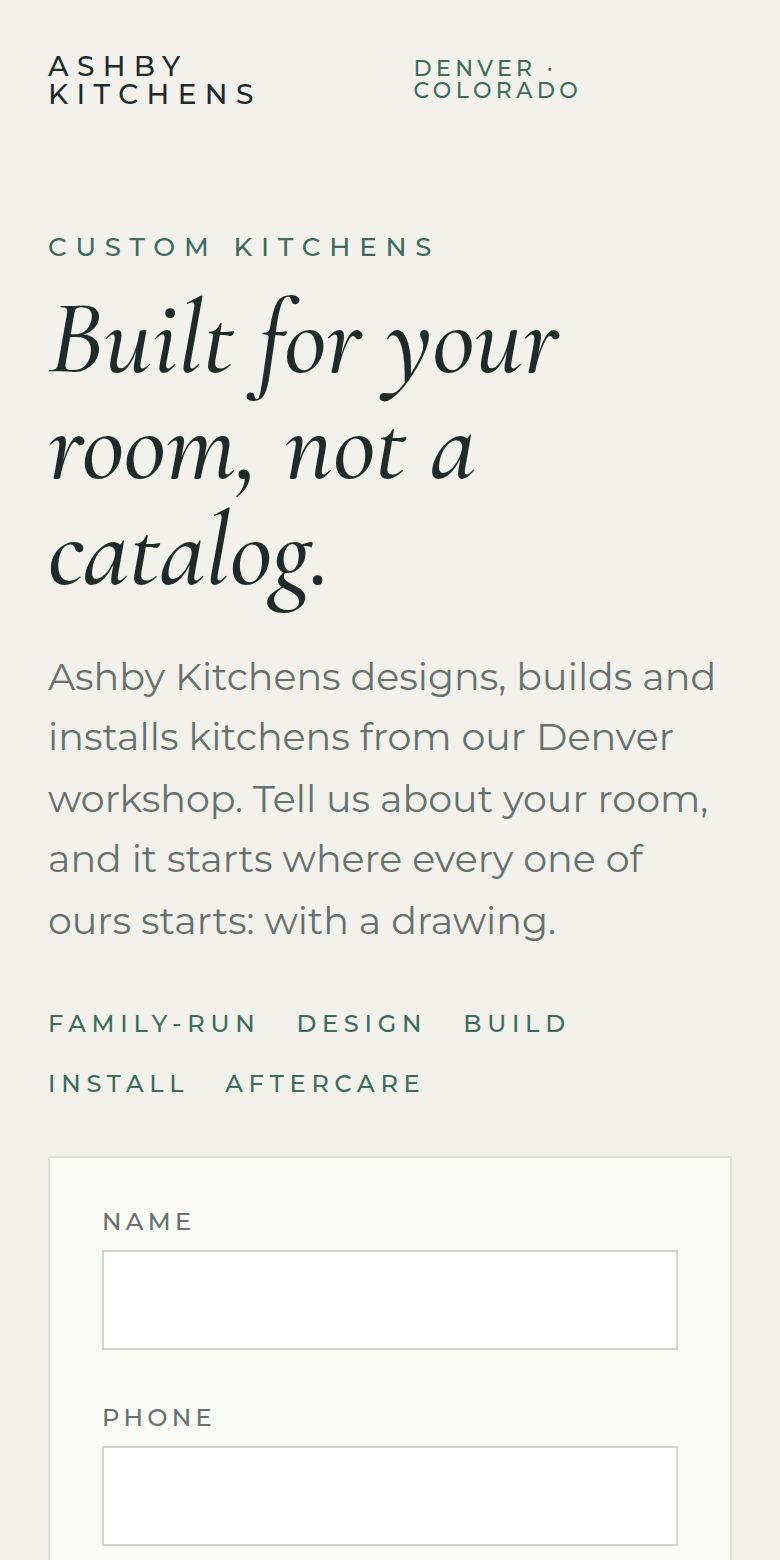 The kitchens page on a phone
