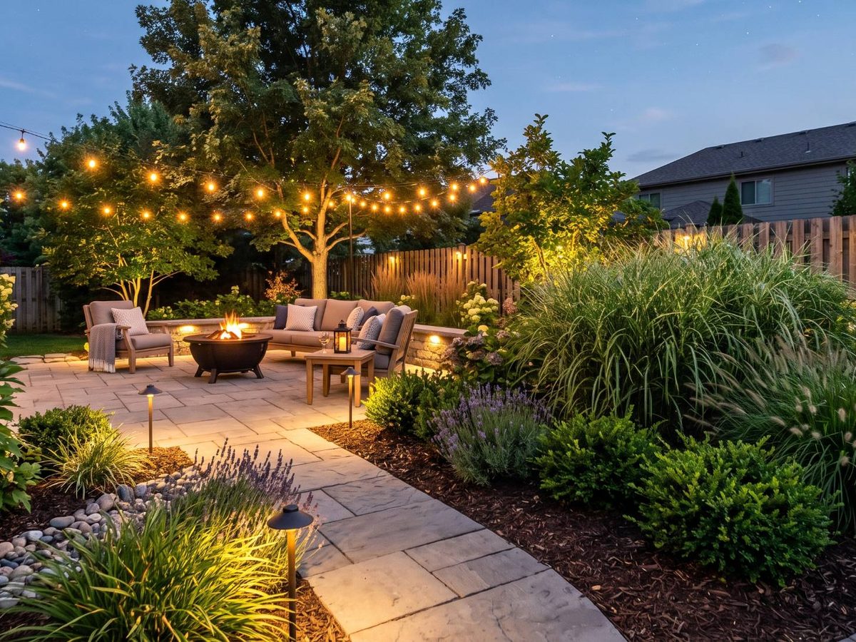 A backyard patio at dusk with string lights and a fire pit (sample image)