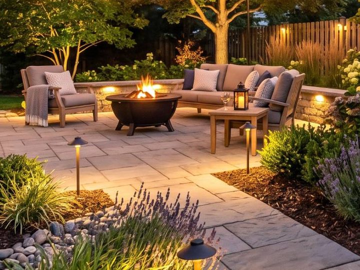 Seating around a fire pit on a stone patio (sample image)