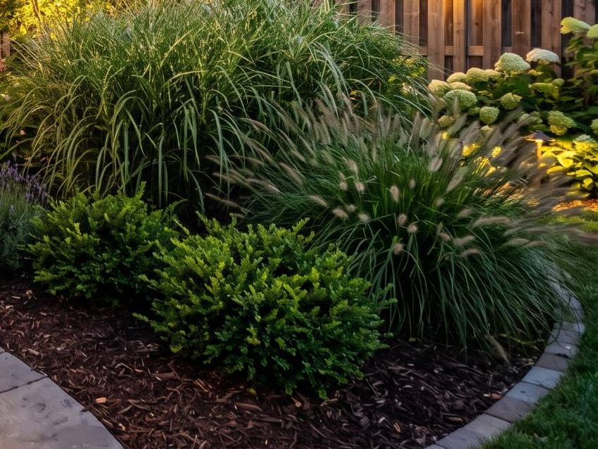 Grasses, lavender and boxwood in mulched beds (sample image)